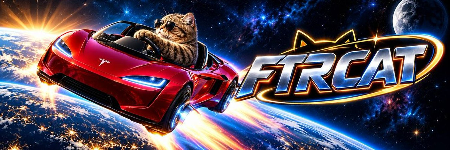 Flying Tesla Roadster Cat banner. Ticker FTRCAT. The cat drives a red Tesla Roadster past Earth.